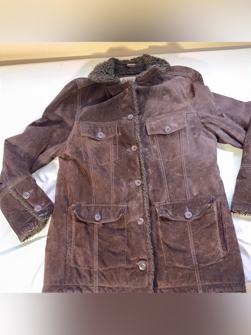 Women’s Columbia Chocolate Brown Suede Sherpa-Trim Leather Jacket